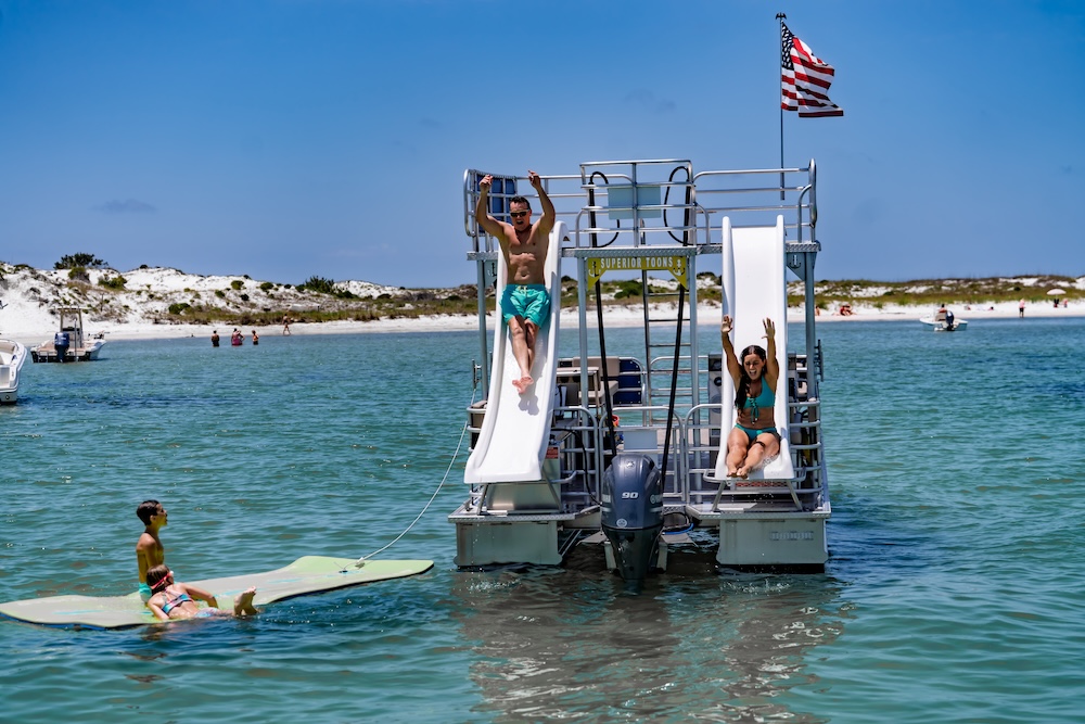 family fun day at shell island pcb sliding on double decker pontoon